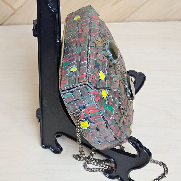 Handcrafted Mosaic Purse With Chain Strap & Sunburst Design Red/Green & Brass Ac - Picture 7 of 12